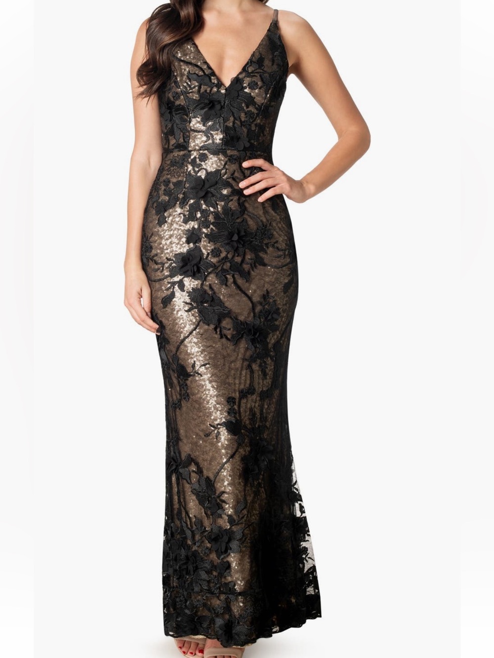 Black & Gold Lace Sequin V-Neck Evening Gown